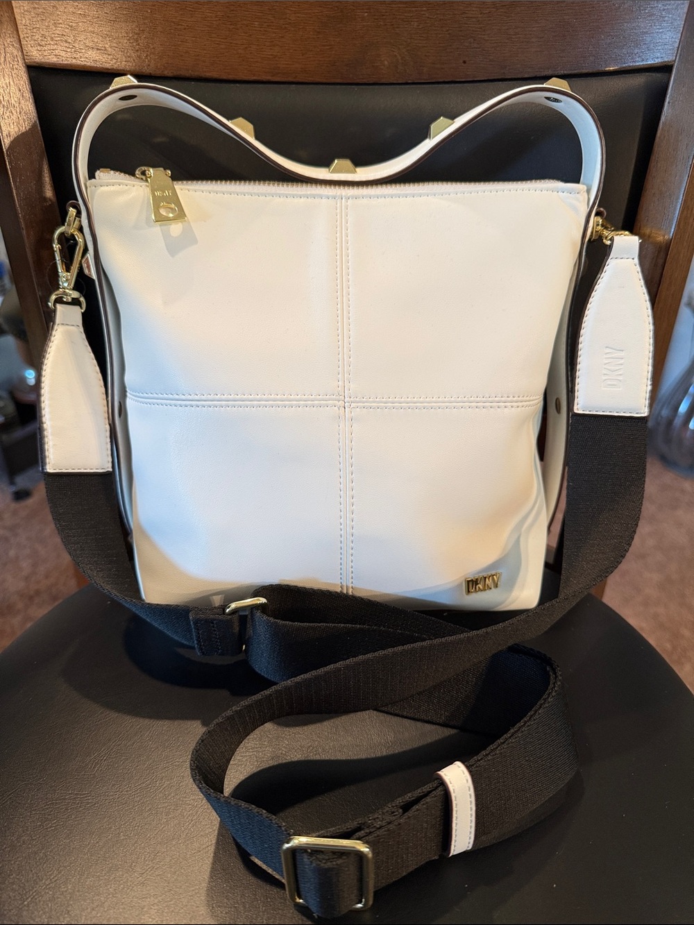 DKNY White Leather Messenger Bag with Black Strap